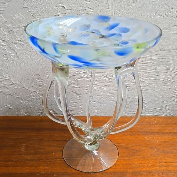 MAKORA KROSNO OCTOPUS JELLYFISH COBALT GLASS COMPOTE PEDESTAL BOWL, VINTAGE